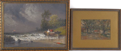 Frank English (American, 1854-1922), watercolor l: Frank English (American, 1854-1922), watercolor landscape initialed lower left together with an oil coastal scene by Harrington Fitzgerald, 4 1/2'' x 6 3/4'' and 10'' x 14 1/2''.