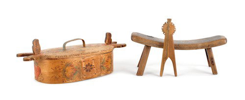 Miscellaneous woodenware, 19th/early 20th c., to: Miscellaneous woodenware, 19th/early 20th c., to include a Swedish pyrography sewing box, small sway back stool, and a nutcracker, stool - 5 3/4'' h., 13 1/2'' w.