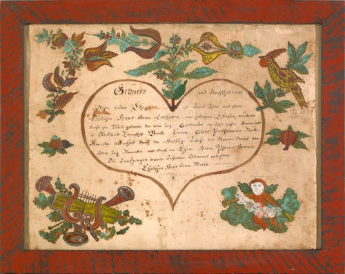 Berks County, Pennsylvania ink and watercolor fra: Berks County, Pennsylvania ink and watercolor fraktur, dated 1831, 13'' x 17'', together with a Reading printed fraktur, 16'' x 13 1/2''.