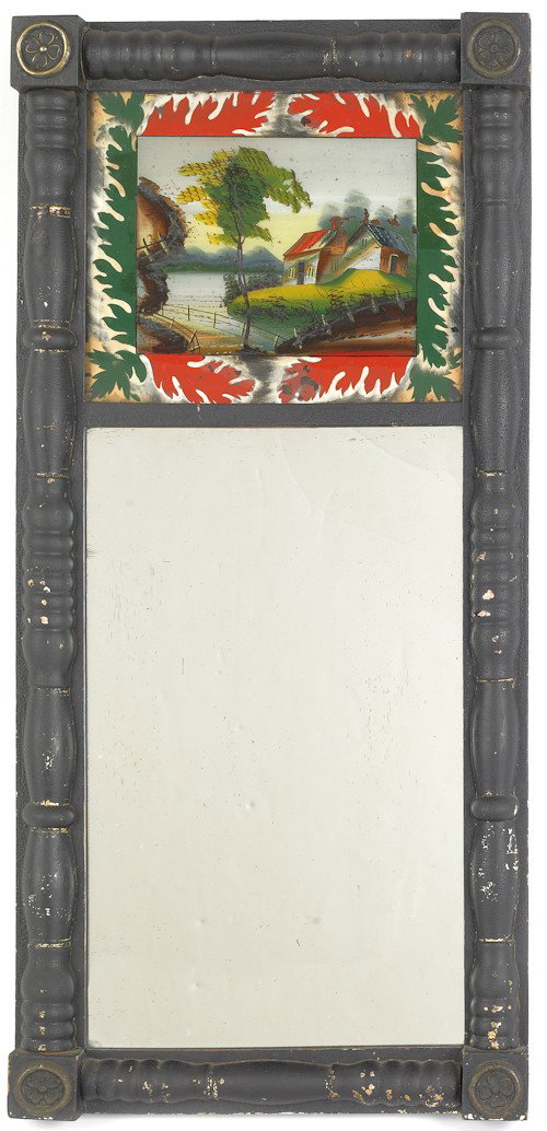 Painted Sheraton mirror, early 19th c., with eglo: Painted Sheraton mirror, early 19th c., with eglomise panel of a scenic landscape, 34 1/2'' l., 16'' w.