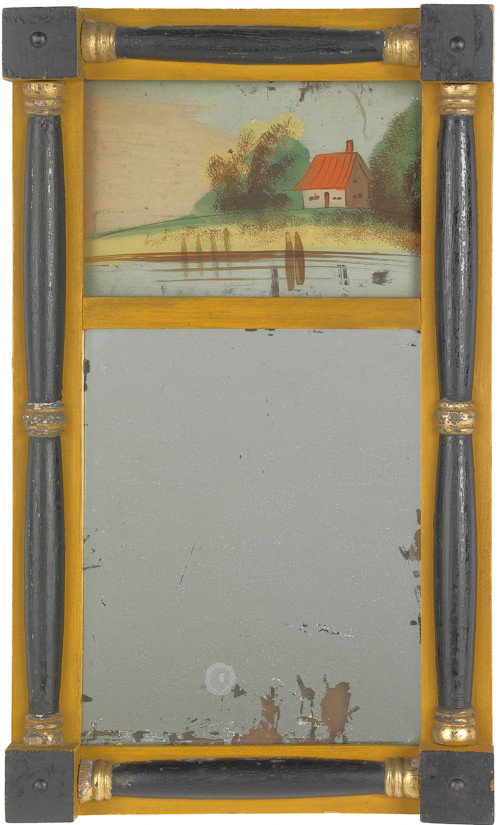 Painted Sheraton mirror, early 19th c., with eglo: Painted Sheraton mirror, early 19th c., with eglomise panel of a scenic landscape, 19 1/4'' l., 11 1/4''w.