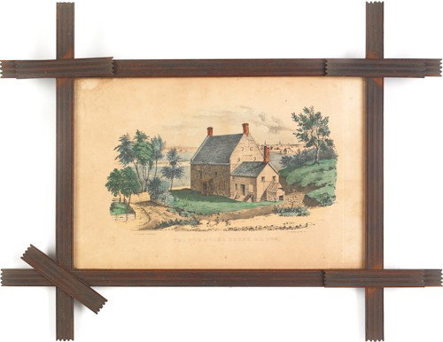Contemporary winter scene scherenschnitte, signed: Contemporary winter scene scherenschnitte, signed Eva Schonbers, 7 1/2'' x 10 1/2'', together with a Nathanial Currier lithograph titled The Old Stone House, 12'' x 17 3/4''.