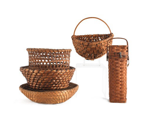 Five miscellaneous baskets, 19th c., to include t: Five miscellaneous baskets, 19th c., to include two rye straw, a cheese basket, etc., tallest - 13'' h.