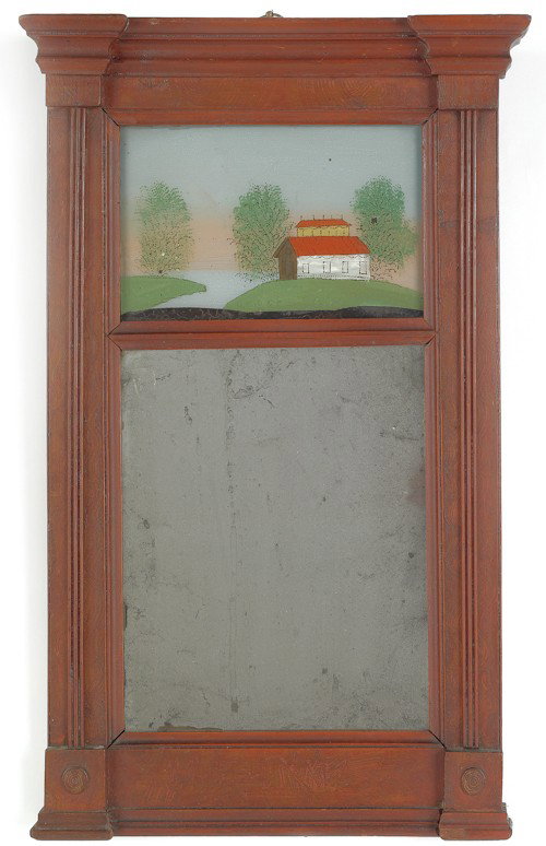 Two Sheraton mirrors, early 19th c., one with a g: Two Sheraton mirrors, early 19th c., one with a grain painted surface, both with scenic eglomise panels, 19 1/2'' l., 11'' w. and 21 1/2'' l., 13'' w.