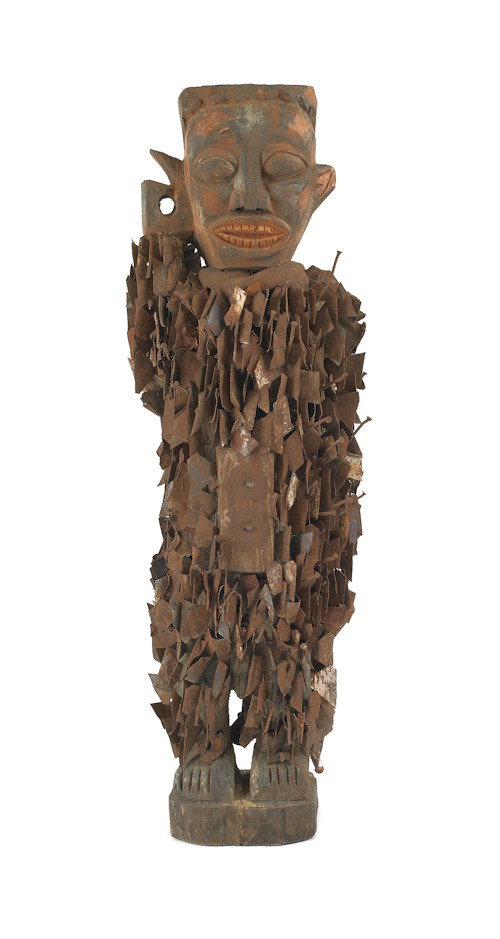 Baja drum, Guinea, 50 1/2'' h., together with a w: Baja drum, Guinea, 50 1/2'' h., together with a wood and metal West African figure, 59 1/2'' h.