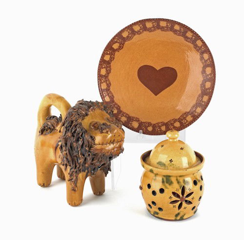 Breininger redware lion, etc.: Breininger redware lion, together with a sugar and a Foltz plate.