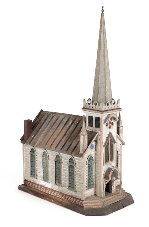 Detailed tin model of a church, with stained gl: Detailed tin model of a church, with stained glass windows and louvered shutters. Provenance: The Collection of Margaret Schiffer.