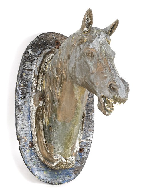 J.W. Fiske life size cast zinc horse head trade: J.W. Fiske life size cast zinc horse head trade sign, 19th c., retaining an old patinated surface, 33'' h., 26 1/2'' d. Provenance: The Collection of Margaret Schiffer.