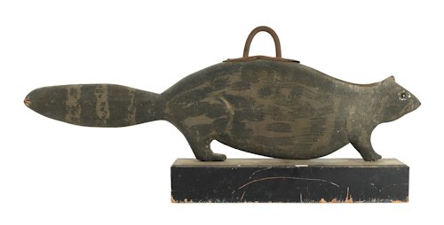 Rare carved pine trade sign in the form of a bea: Rare carved pine trade sign in the form of a beaver, ca. 1825, retaining its original painted surface, 14 1/2'' h., 39'' w. Provenance: The Collection of Margaret Schiffer.