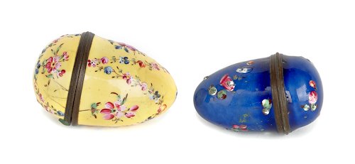 Two Continental enameled nutmeg graters, 19th c.: Two Continental enameled nutmeg graters, 19th c., in egg form, 2 1/4'' h. and 2'' h.