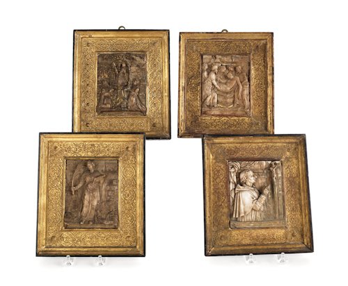 Set of four Italian carved alabaster plaques, ca: Set of four Italian carved alabaster plaques, ca. 1800, depicting the Angel Gabriel, St. Francis, Christ lifted from the tomb, and The Madonna, frames - 8 1/2'' x 7 1/2''.
