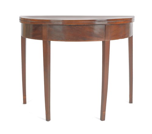 Pennsylvania Hepplewhite mahogany demilune card: Pennsylvania Hepplewhite mahogany demilune card table, ca. 1800, with banded apron and cuffs, 28 1/2'' h., 36'' w.