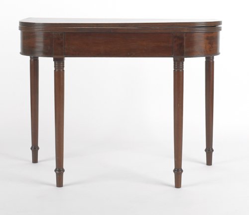 Sheraton mahogany card table, ca. 1815, 28'' h.,: Sheraton mahogany card table, ca. 1815, 28'' h., 35 3/4'' w.