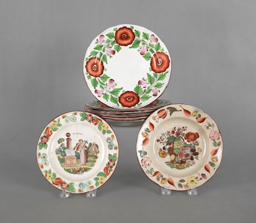 Set of six English pearlware plates, early 19th: Set of six English pearlware plates, early 19th c., 8 1/4'' dia., together with two others with relief floral border, 7'' dia. and 7 1/4'' dia.