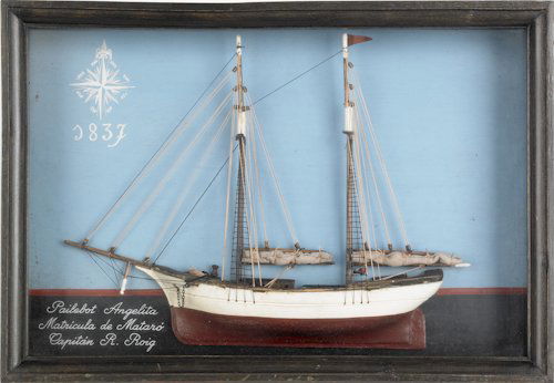Carved and painted shadowbox ship model, early 2: Carved and painted shadowbox ship model, early 20th c., of the Pailebot Angelita Matricula de Mataro Capitain R. Roig, 11 3/4'' x 17 1/2''.