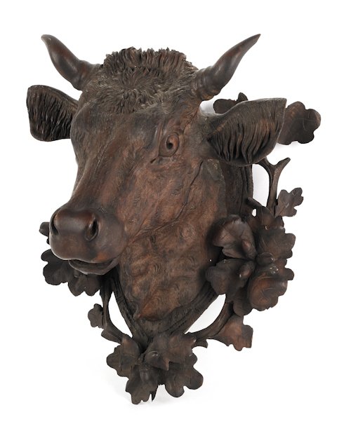 Black Forest carved bull's head plaque, late 19t: Black Forest carved bull's head plaque, late 19th c., 13 1/2'' h.