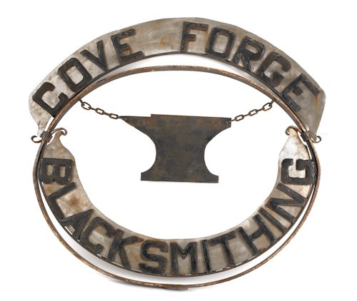 Iron and sheet metal Cove Forge Blacksmithing: Iron and sheet metal Cove Forge Blacksmithing trade sign, ca. 1930, with a central anvil, purportedly from Cape Cod, Massachusetts, 44'' h.