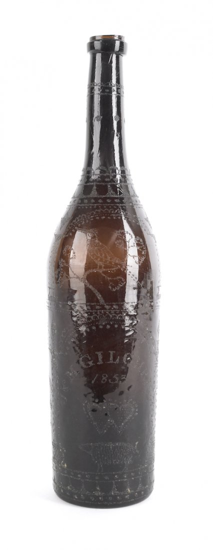 Etched amber glass wine bottle, dated 1853, i: Etched amber glass wine bottle, dated 1853, inscribed J&M Gilchrist, decorated with song birds, a farmhouse, and animals, 12 7/8'' h.