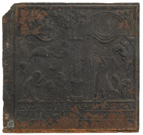 Cast iron stove plate, 18th c., Samson & Delil: Cast iron stove plate, 18th c., Samson & Delilah, 24 1/2'' x 25''. For a similar example, see Mercer Bible in Iron, plate 84. Provenance: A Pennsylvania Historical Society.