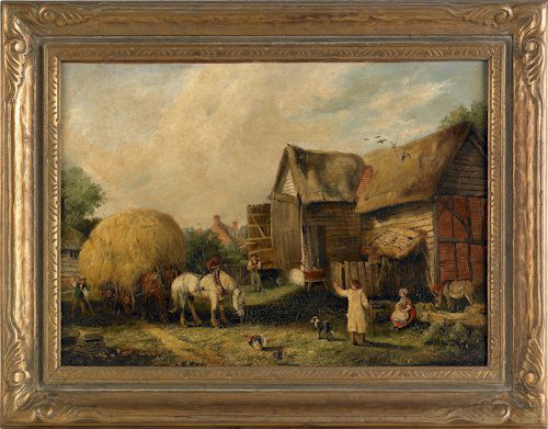 Arthur James Stark (English, 1831-1902), oil on: Arthur James Stark (English, 1831-1902), oil on canvas cottage scene, titled Bring in the Hay, signed lower right, 15'' x 21''.