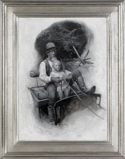 Douglas Duer (American, 1887-1964), oil on canv: Douglas Duer (American, 1887-1964), oil on canvas illustration of a father and son in a wagon, signed lower middle, 22'' x 16''.