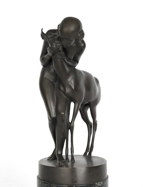 Heinrich Karl Scholz (American, b. 1880), bronz: Heinrich Karl Scholz (American, b. 1880), bronze of a girl and a deer, dated 1919, overall - 16 3/4'' h. Provenance: The Collection of Charlene Sussel