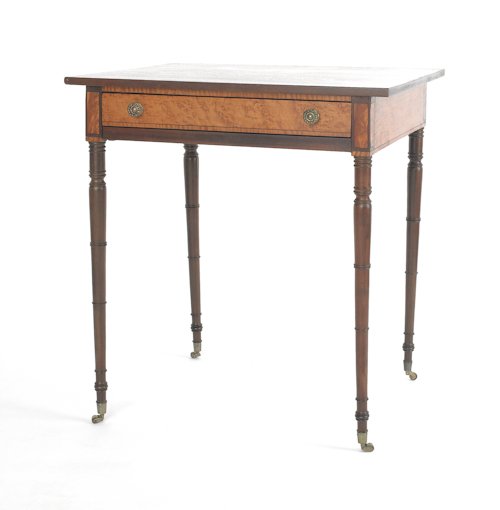 Massachusetts Sheraton mahogany and curly maple: Massachusetts Sheraton mahogany and curly maple work table, ca. 1815. 28 3/4'' h., 26 1/2'' w.