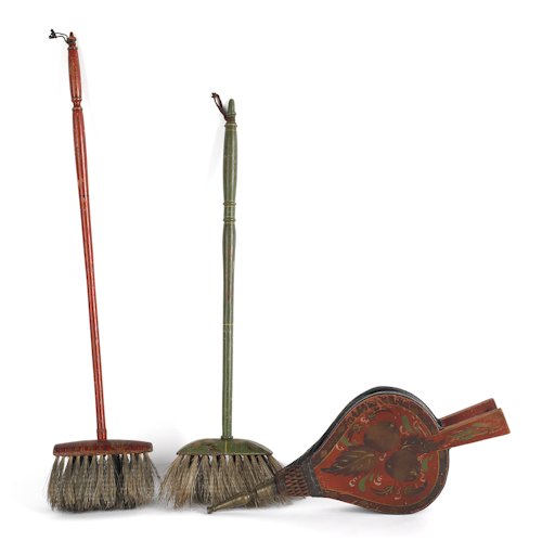 Two painted hearth brushes, early 19th c., toge: Two painted hearth brushes, early 19th c., together with painted bellows with fruit decoration, longest - 30''.
