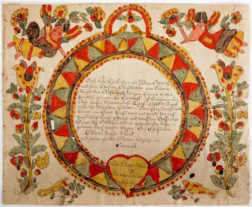 Blousy Angel Artist (Southeastern Pennsylvania,: Blousy Angel Artist (Southeastern Pennsylvania, active 1780-1811), pair of ink and watercolor fraktur birth certificates for Daniel and Samuel Romig, b. 1789 and 1794, 13'' x 15 5/8''.