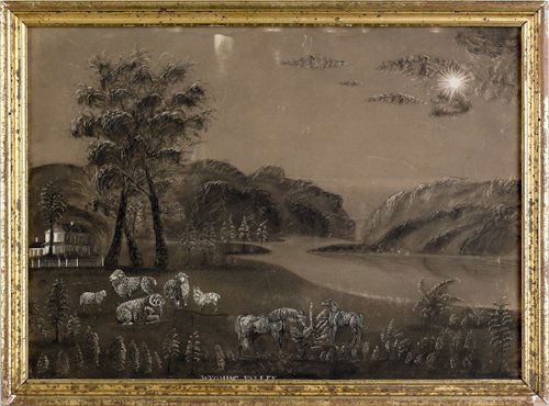 Pennsylvania sand painting, late 19th c., title: Pennsylvania sand painting, late 19th c., titled Wyoming Valley, 14 1/2'' x 20 1/2''.