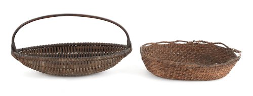 Two Pennsylvania splint baskets, 19th c., toget: Two Pennsylvania splint baskets, 19th c., together with a rye straw basket with a scalloped edge, tallest - 7''.