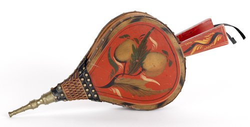 American painted bellows, ca. 1830, retaining i: American painted bellows, ca. 1830, retaining its original vibrant red surface with fruit decoration, 16 1/2'' l.