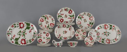 Adams Rose Staffordshire dinner service, 19th c.: Adams Rose Staffordshire dinner service, 19th c., to include two platters, an entrée dish, four soup bowls, twenty-four plates, a waste bowl, and a creamer, most pieces impressed Adams.