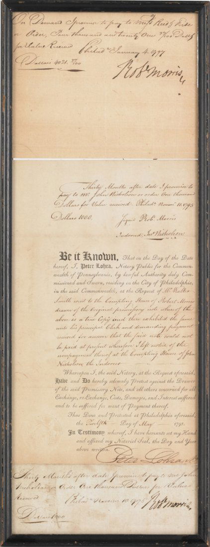 Two Philadelphia promissory notes, signed Robe: Two Philadelphia promissory notes, signed Robert Morris, dated 1795 and 1796, together with a third document demanding the payment of the note, dated 1798, frame - 22 1/4'' x 8 1/2''.