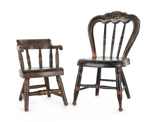 Two painted Victorian doll chairs, together wit: Two painted Victorian doll chairs, together with a cherry doll bed with linens, bed - 16 3/4'' h., 14 1/4'' l., 10 1/4'' d.