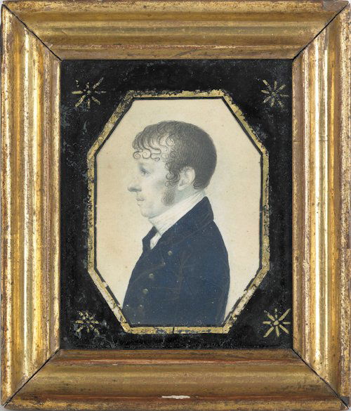 Pennsylvania miniature watercolor on paper profi: Pennsylvania miniature watercolor on paper profile bust length portrait of a gentleman, late 19th c., signed verso on its original frame Thomas Eakins, 5'' x 4''.