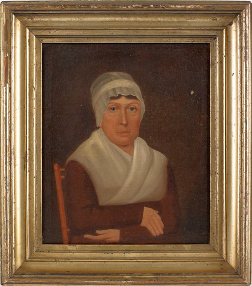 Philadelphia oil on board portrait of a woman, 1: Philadelphia oil on board portrait of a woman, 19th c., in a white bonnet seated in a Windsor chair, 15'' x 12 1/2''.