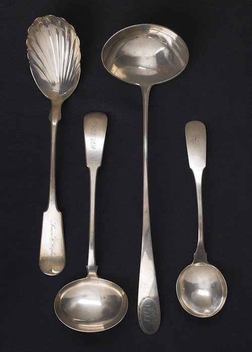 Nathan Adams silver ladle, ca. 1800, together w: Nathan Adams silver ladle, ca. 1800, together with T.C. Garrett & Co. Philadelphia silver ladle with a shell form bowl, ca. 1845, a W. Eden silver ladle, and a Georgian silver ladle, hallmarked Bayeux
