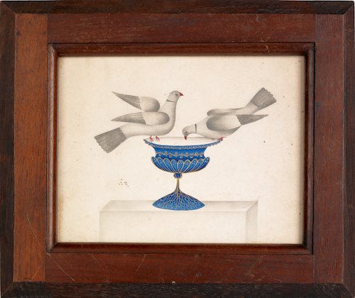 American watercolor on paper drawing, ca. 1830-1: American watercolor on paper drawing, ca. 1830-1840, of two doves drinking from a blue and gilt decorated fountain, 6'' x 8''.