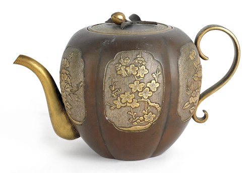 Japanese bronze teapot, late 19th/early 20th c.: Japanese bronze teapot, late 19th/early 20th c., with gilt finial and relief leaf and floral decorated panels, 4 1/4'' h.