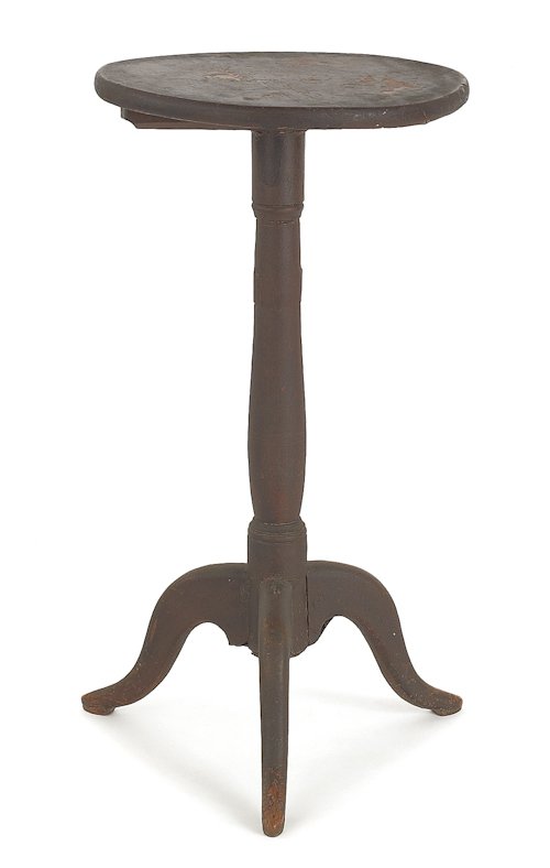 Unusual New Hampshire maple candlestand, ca. 181: Unusual New Hampshire maple candlestand, ca. 1810, with an adjustable round top that spirals up and a tripod base ending in delicate pad feet, retaining its original brown painted surface, 24'' h., 13