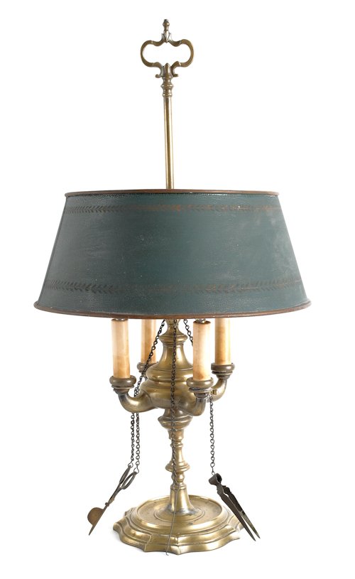French brass four-arm bouillotte lamp, 19th c.,: French brass four-arm bouillotte lamp, 19th c., fitted with electric lights and a green tole shade, 26'' h.