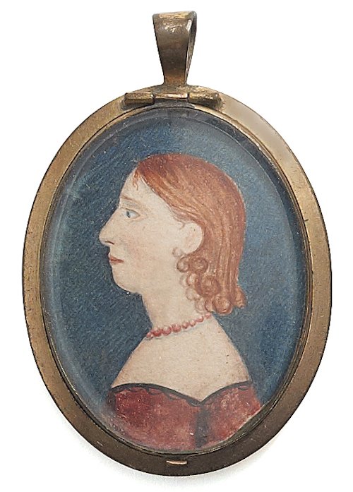 American miniature watercolor on paper profile o: American miniature watercolor on paper profile of a woman, 19th c., with red hair and a red dress, the reverse with encased Masonic symbols made of various materials, 1 3/4'' h.