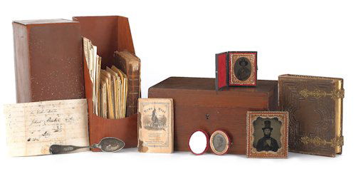 Dovetailed storage box belonging to Captain Denn: Dovetailed storage box belonging to Captain Dennis H. Farr, containing a photo album with Farr in uniform, tin types, a spoon, an Army/Navy hymn book, etc., together with a box of Civil War letters.