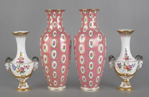 Pair of KPM porcelain vases with ram's-head handl: Pair of KPM porcelain vases with ram's-head handles, together with a pair of Sevres type vases, 7 1/8'' h. and 9 3/4'' h.