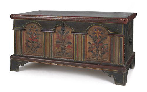 Lancaster, Pennsylvania architectural dower chest: Lancaster, Pennsylvania architectural dower chest, 18th c., with later decoration, 24 3/4'' h., 47 3/4'' w.