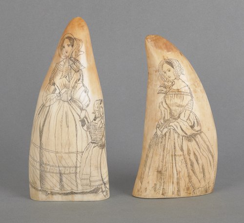 Two scrimshaw whale teeth decorated with Victoria: Two scrimshaw whale teeth decorated with Victorian women, the reverse of one with a ship, 5 1/4'' h. and 5 3/4'' h.