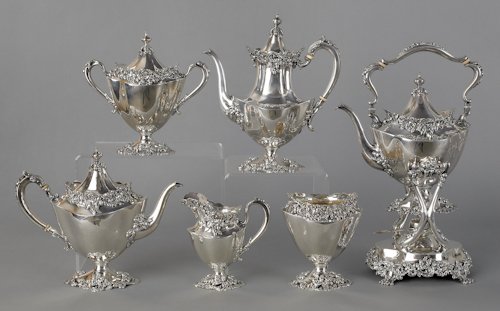 Redlich & Co. six-piece sterling silver tea servi: Redlich & Co. six-piece sterling silver tea service, retailed by Bailey, Banks & Biddle, to include a kettle on a stand, 15'' h., a coffee pot, a teapot, a covered sugar, a creamer, and a waste bowl, 