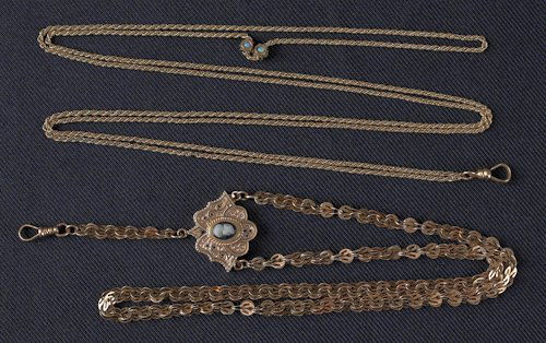 Victorian watch chair and necklace, 14K yellow go: Victorian watch chair and necklace, 14K yellow gold agate cameo and opal cabochons, total 21.2 dwt.