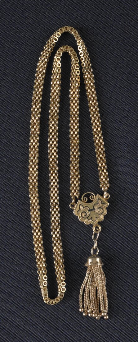 14K yellow gold Victorian necklace with black ena: 14K yellow gold Victorian necklace with black enamel and a tassel, 15.1 dwt.